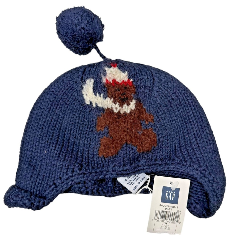 Vintage 90s Baby GAP Gingerbread Pom Beanie Hat 6-12M Navy Hand Knitted NEW